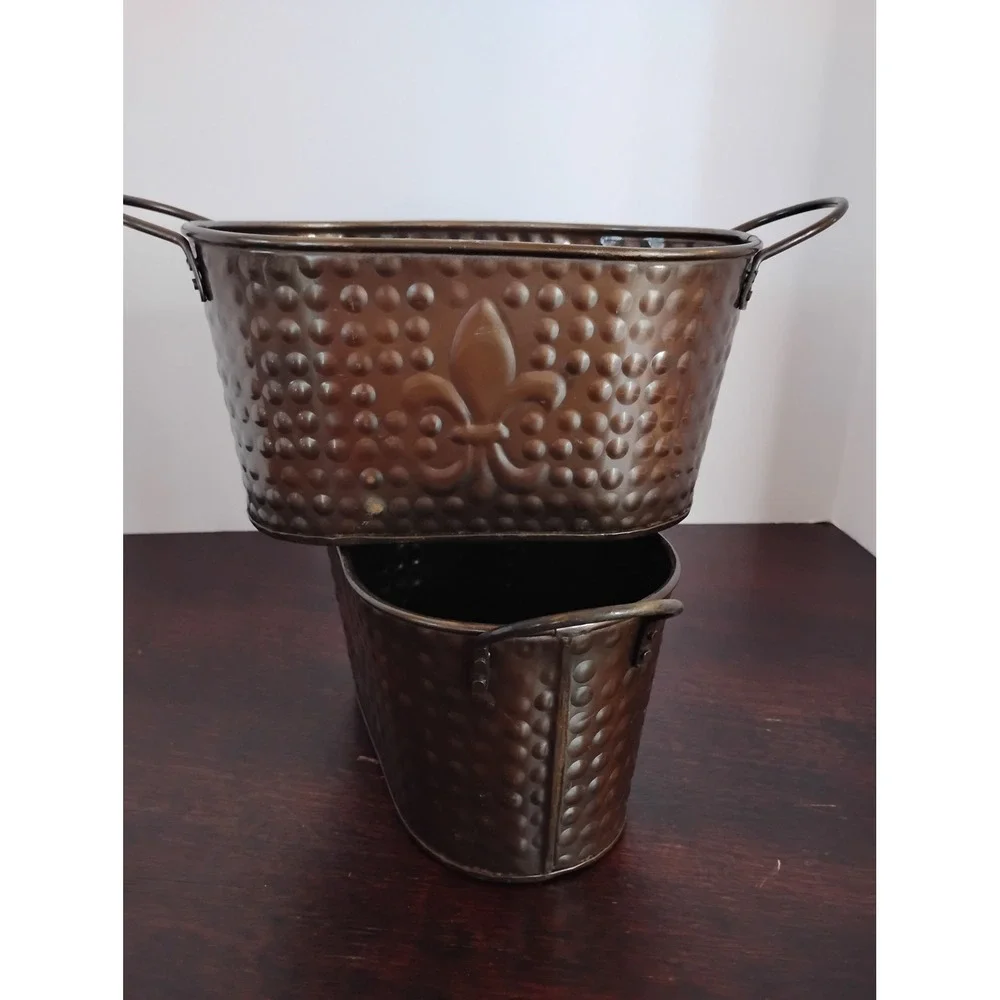 Set of 2 Hammered Metal Fleur de Lis Oval Planters Bronze Antique Copper Finish